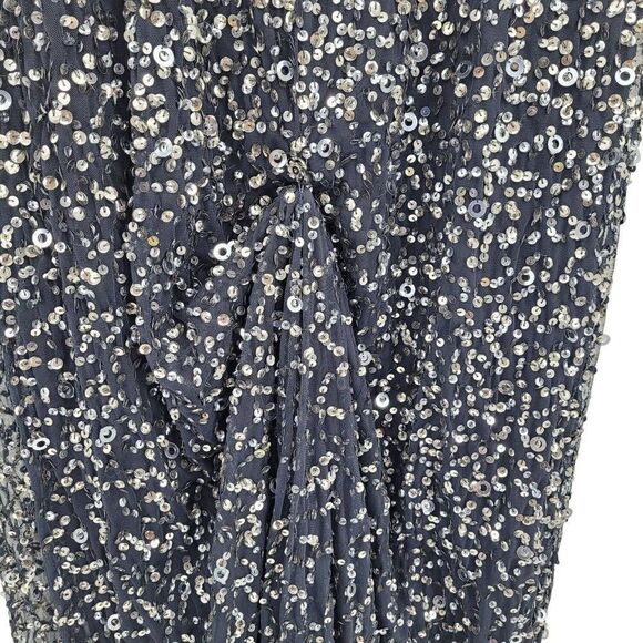 Adrianna Papell Gown Formal Holiday Sequined Fishtail Bustle Train Navy Silver 6 - Picture 12 of 17